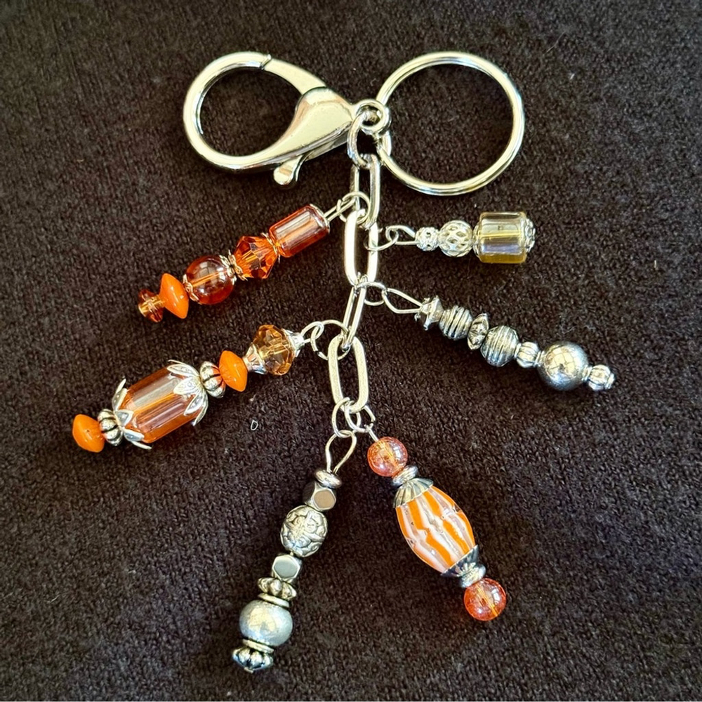 Orange Silver Handmade Bag Charm Keychain | One of a Kind | Beaded Crystal